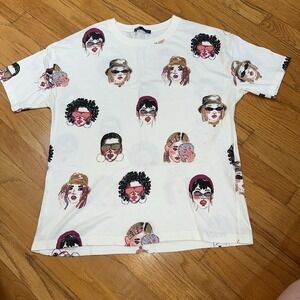 Zara Womens Tee T Shirt S White Graphic Print Hipster Artsy Streetwear Face Lady